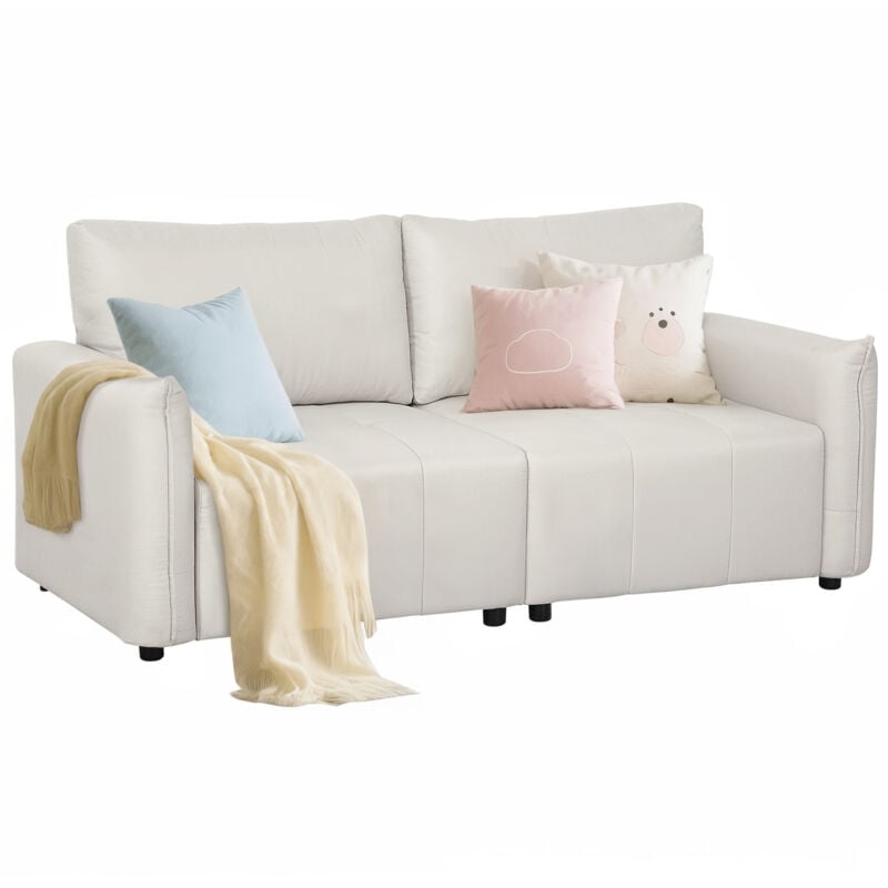 Homcom - Canapé 3 places assise effet capitonné - dim. 196 x 80 x 84 cm - piètement noir tissu toucher lin blanc cassé