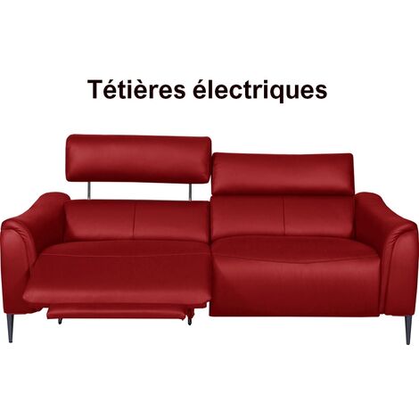 Canapé 3 places avec 2 relax en 100% tout cuir épais de luxe italien avec 2 relax électriques et 2 têtières électriques, MILAN, rouge foncé