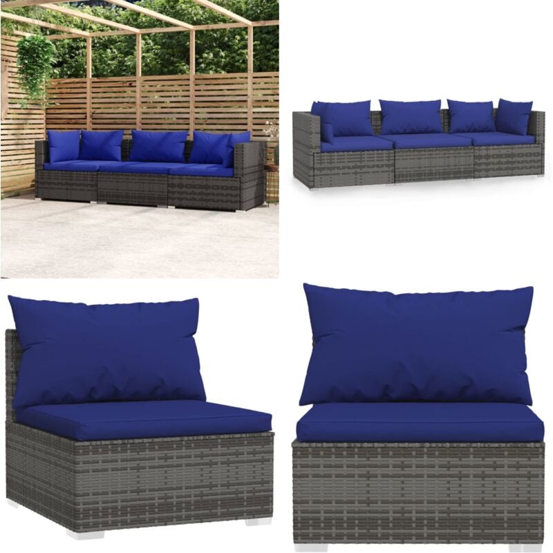 Canapé 3 places avec coussins Gris Résine tressée - Canapé Extérieur - Salon De Jardin - Meuble De Jardin - Mobilier De Jardin - Set De Salon De