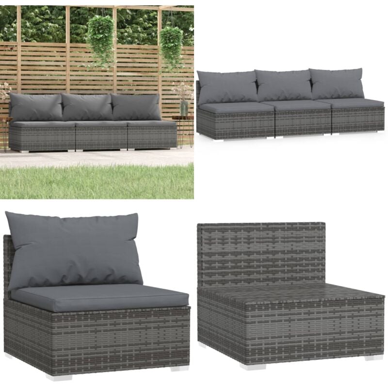 Canapé 3 places avec coussins Gris Résine tressée - Canapé Extérieur - Salon De Jardin - Mobilier De Jardin - Meubles De Jardin - Canapé Trois Places