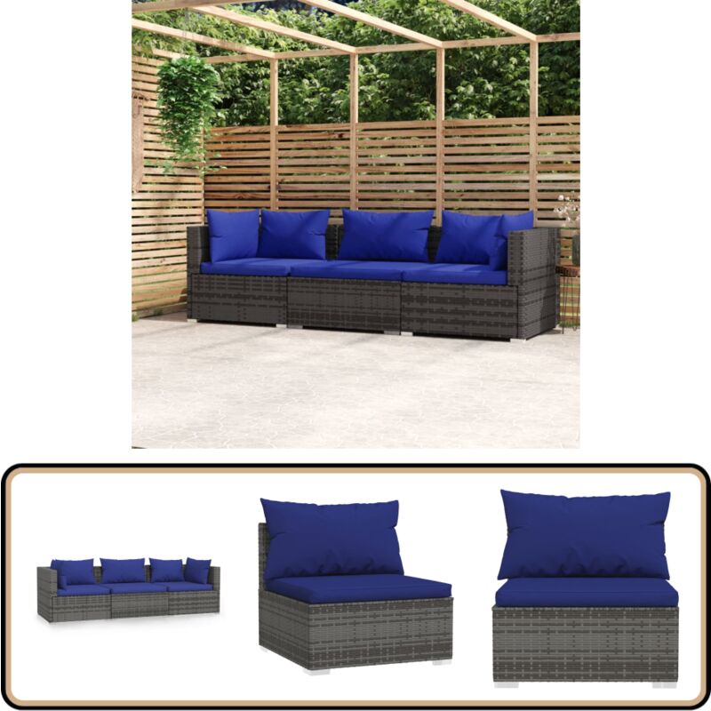 Canapé 3 places avec coussins Gris Résine tressée - Canapé Extérieur - Salon De Jardin - Meuble De Jardin - Mobilier De Jardin - Set De Salon De