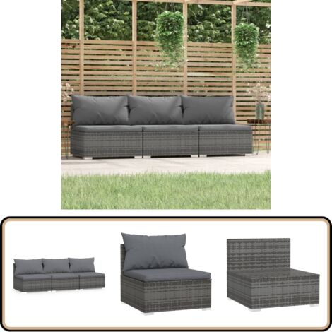 Canapé 3 places avec coussins Gris Résine tressée - Canapé Extérieur - Salon De Jardin - Mobilier De Jardin - Meubles De Jardin - Canapé Trois Places