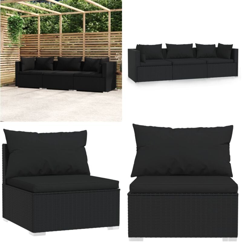 Canapé 3 places avec coussins Noir Résine tressée - Canapé Extérieur - Salon De Jardin - Mobilier De Jardin - Ensemble De Salon - Canapé Trois Places