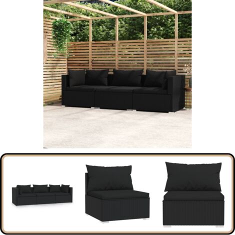 Canapé 3 places avec coussins Noir Résine tressée - Canapé Extérieur - Salon De Jardin - Mobilier De Jardin - Ensemble De Salon - Canapé Trois Places