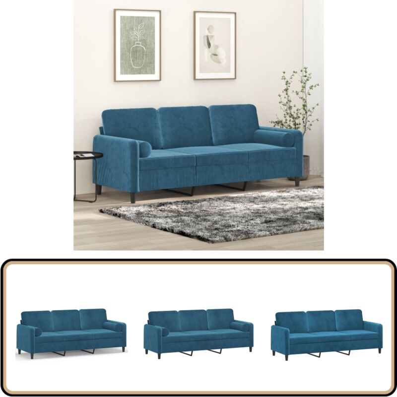 Vidaxl - Canapé 3 places avec oreillers décoratifs bleu 180 cm velours - Canapé Trois Places - Canapé Velours - Canapé Bleu - Meuble Salon - Salon