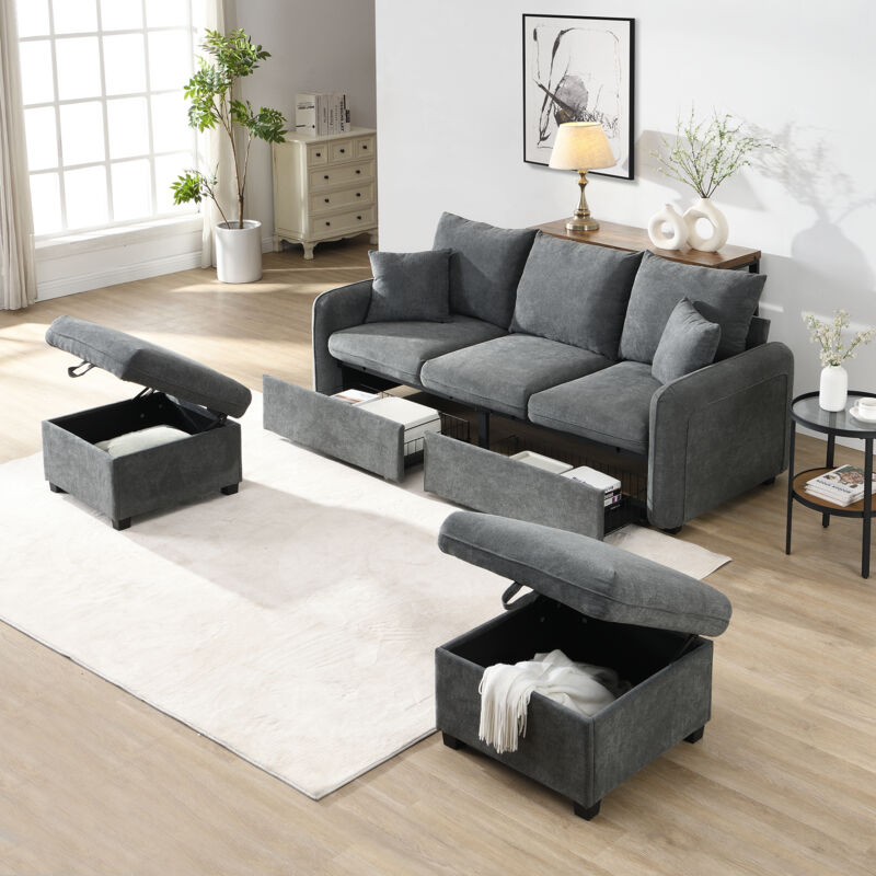 Canapé 3 places avec rangement, 2 tiroirs, 2 tabouret, modules à combinaison libre, 2 coussins, velours côtelé, gris