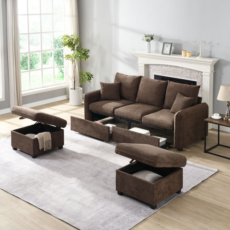Canapé 3 places avec rangement, 2 tiroirs, 2 tabouret, modules à combinaison libre, 2 coussins, velours côtelé, marron