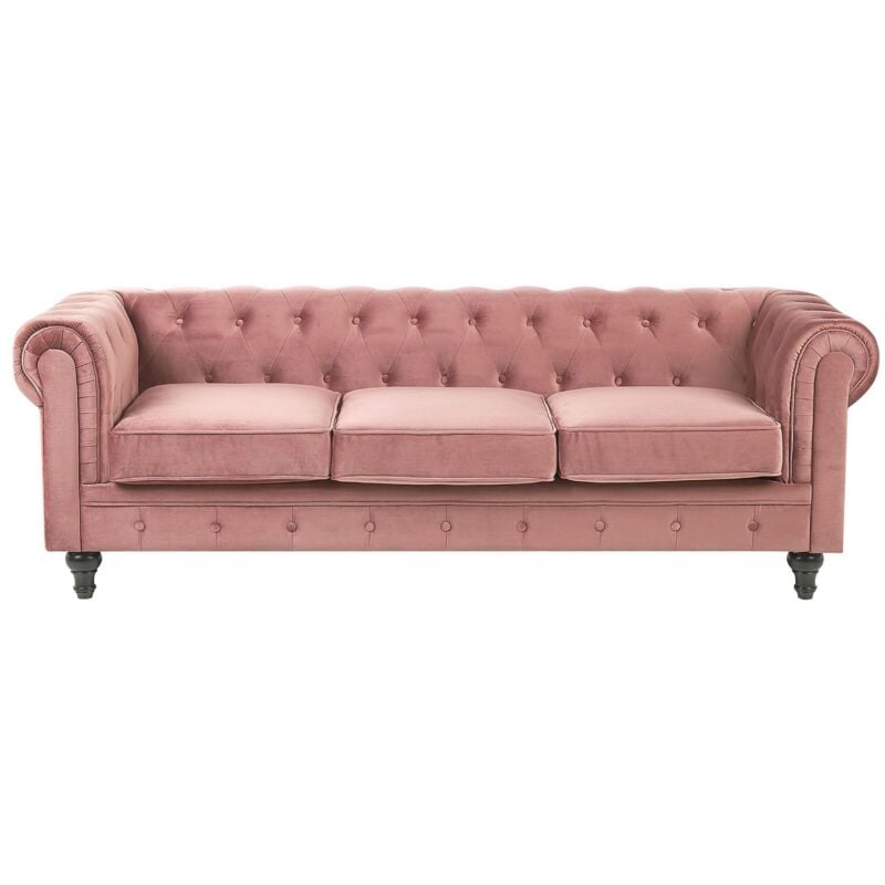 Beliani - Canapé 3 Places en Velours Rose Assise Rembourrée Large Dossier Points Chesterfield