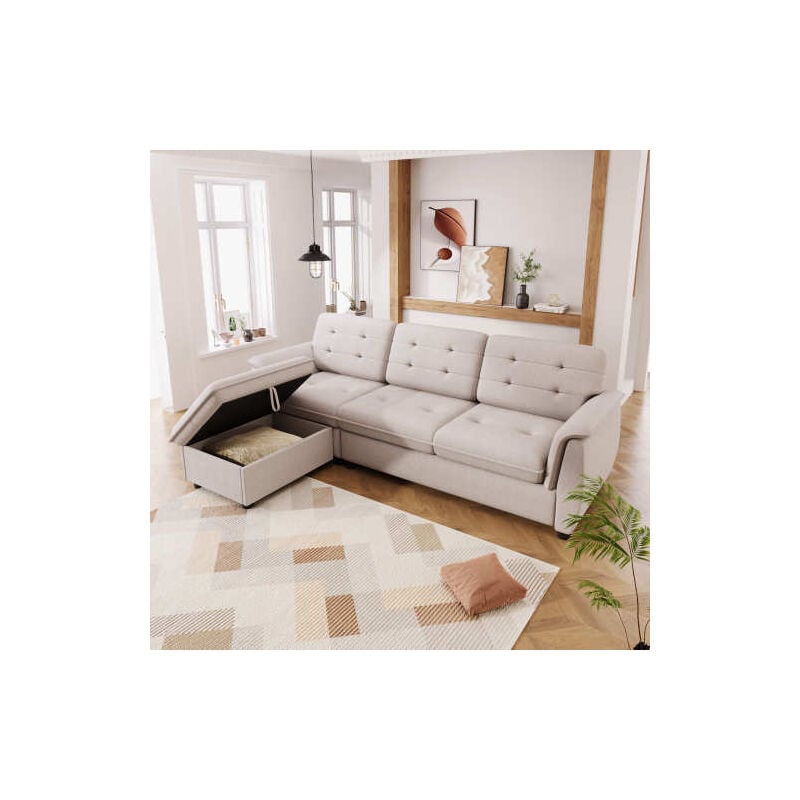 Wishdor - Canapé 3 places, canapé d'angle avec repose-pieds avec rangement, beige
