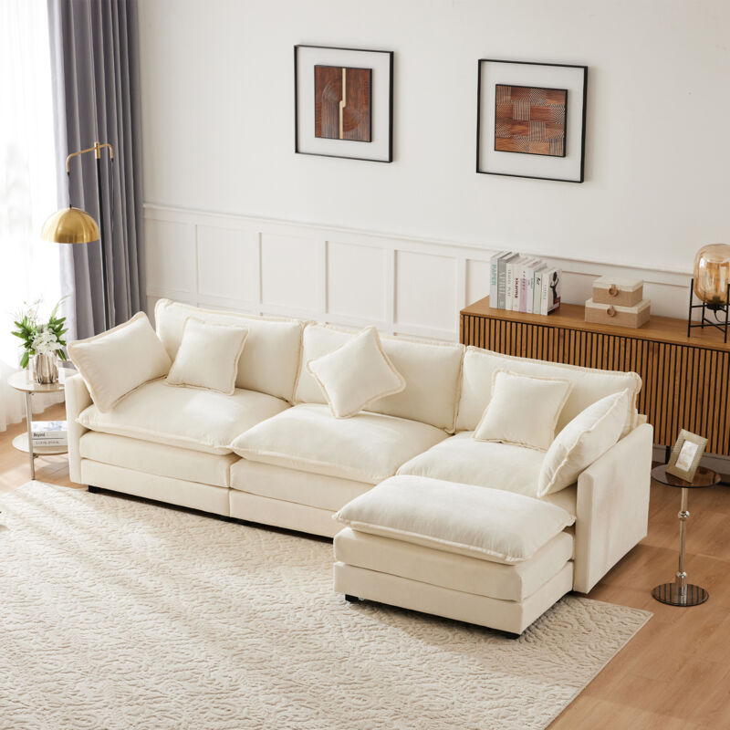 Canapé 3 places, canapé d'angle en forme de l avec repose-pieds, design moderne, 283x147x84cm, tissu chenille beige