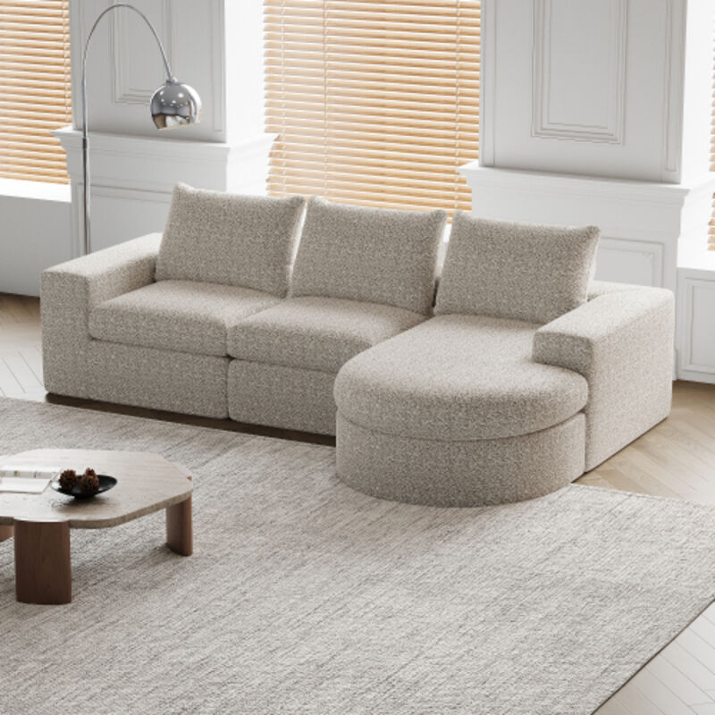 Canapé 3 places, canapé d'angle en L avec 3 coussins, éléments courbes, sans cadre, en chenille, beige