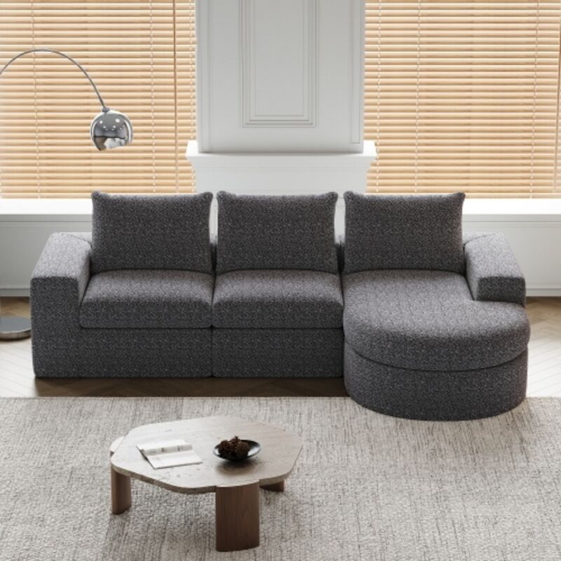 Canapé 3 places, canapé d'angle en L avec 3 coussins, éléments courbes, sans cadre, en chenille, gris