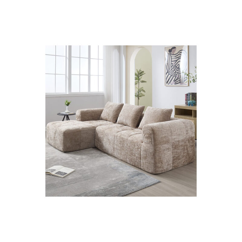 Wishdor - Canapé 3 places, canapé d'angle en l avec 3 coussins, poches d'accoudoirs, sans assemblage, tissu chenille, kaki