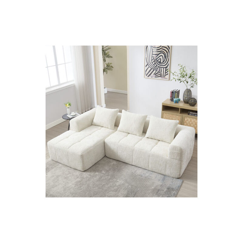 Canapé 3 places, canapé d'angle en L avec 3 coussins, poches d'accoudoirs, sans assemblage, tissu chenille, beige