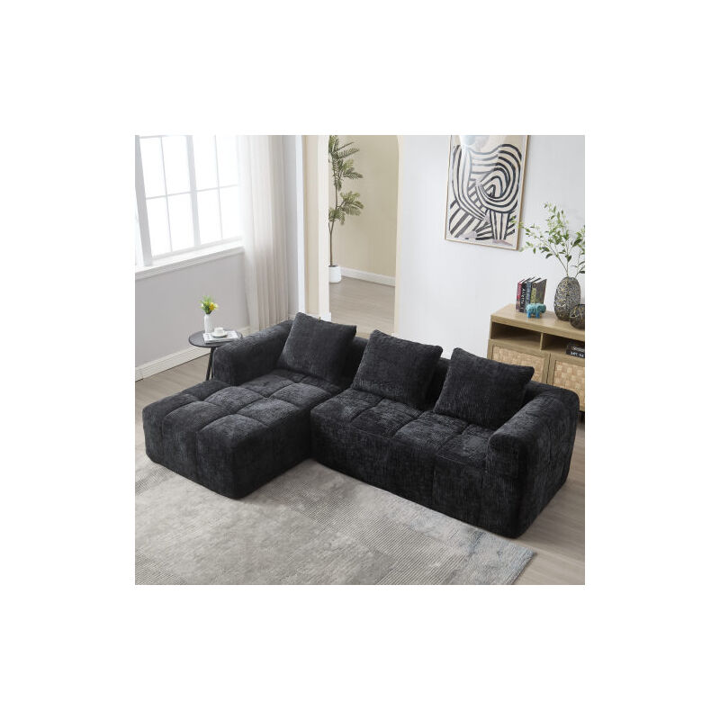 Canapé 3 places, canapé d'angle en L avec 3 coussins, poches d'accoudoirs, sans assemblage, tissu chenille, noir