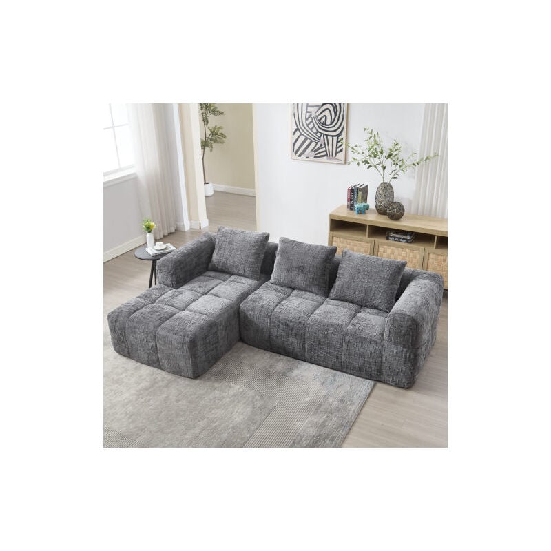 Wishdor - Canapé 3 places, canapé d'angle en l avec 3 coussins, poches d'accoudoirs, sans assemblage, tissu chenille, gris