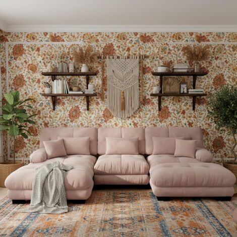 Canapé 3 places, Canapé Modulaire Chenille avec 2 Poufs – Grand Format en U, Convertible en Lit, Confort Profond pour Salon – Rose