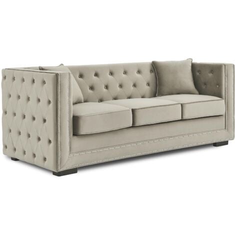 DECO IN PARIS Canapé 3 places capitonné chesterfield design en velours beige CUBE