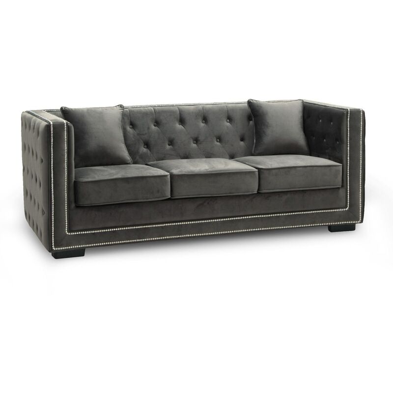 canape 3 places capitonne chesterfield design en velours gris cube
