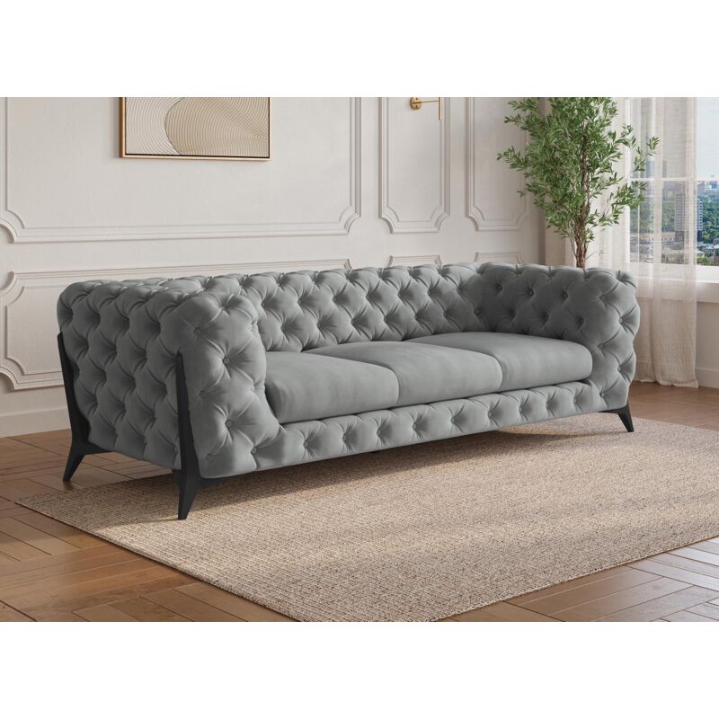 Deco In Paris - carmen - Canapé 3 places capitonné chesterfield velours gris carmen