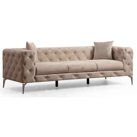 Canapé 3 places capitonné velours beige clair et pieds chromé Herakles 237cm