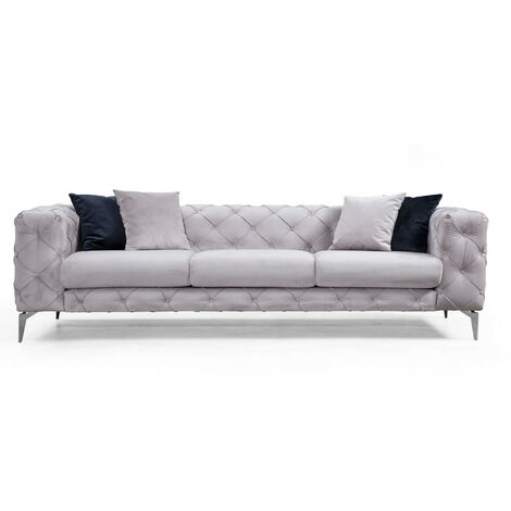 Canapé 3 places capitonné velours gris clair et pieds chromés Herakles 237cm