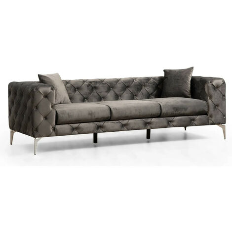 Canapé 3 places capitonné velours gris foncé et pieds chromés Herakles 237cm