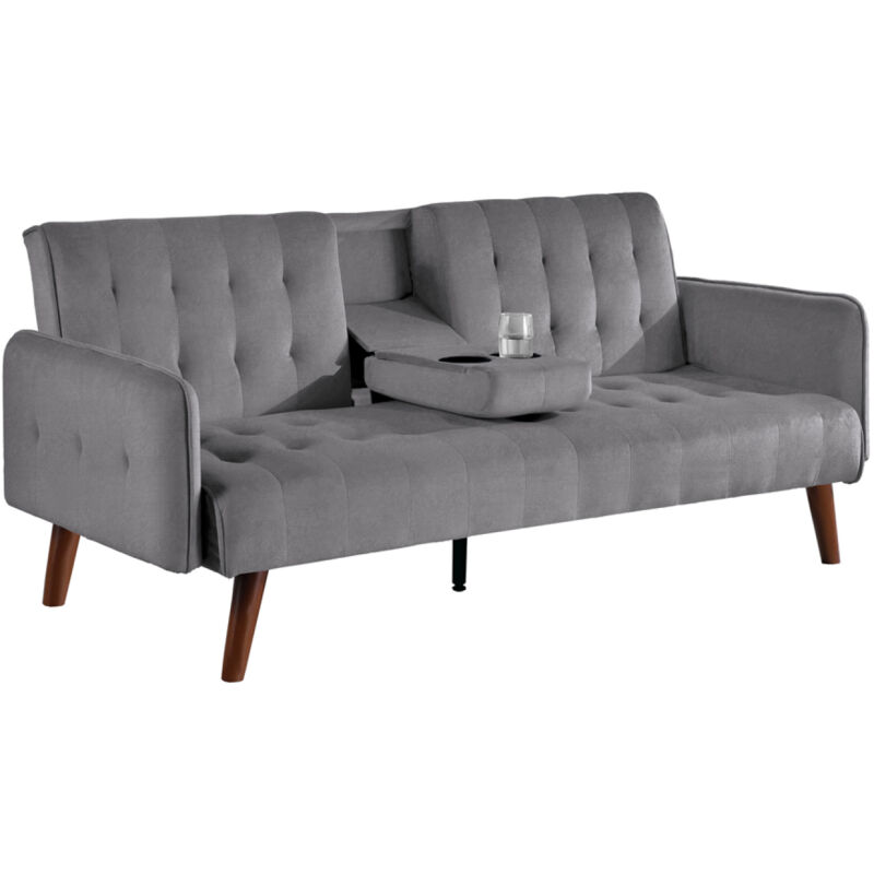 Concept-Usine – Canapé convertible 3 places en velours glacé gris – Tablette centrale rabattable – Dimensions 181 x 97 x 37 cm – Pour petits espaces