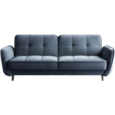 Canapé 3 places convertible en tissu BOZA - Pieds bois noir-Bleu charrette