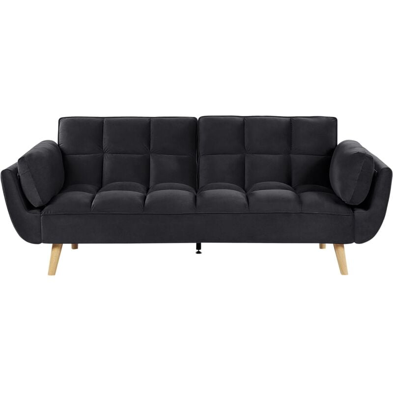 Beliani - Canapé Lit Clic Clac Convertible 3 Places en Velours Noir avec Pieds en Bois Idéal pour Salon ou Chambre d'Amis au Style Rétro et Scandinave
