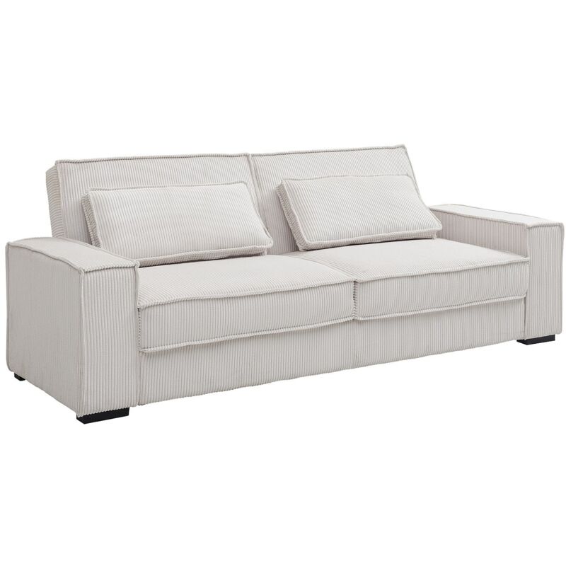 Vente-Unique – Canapé convertible 3 places en velours côtelé beige – Clic-clac avec coussins inclus – Longueur 230 cm – Largeur du couchage 119 cm