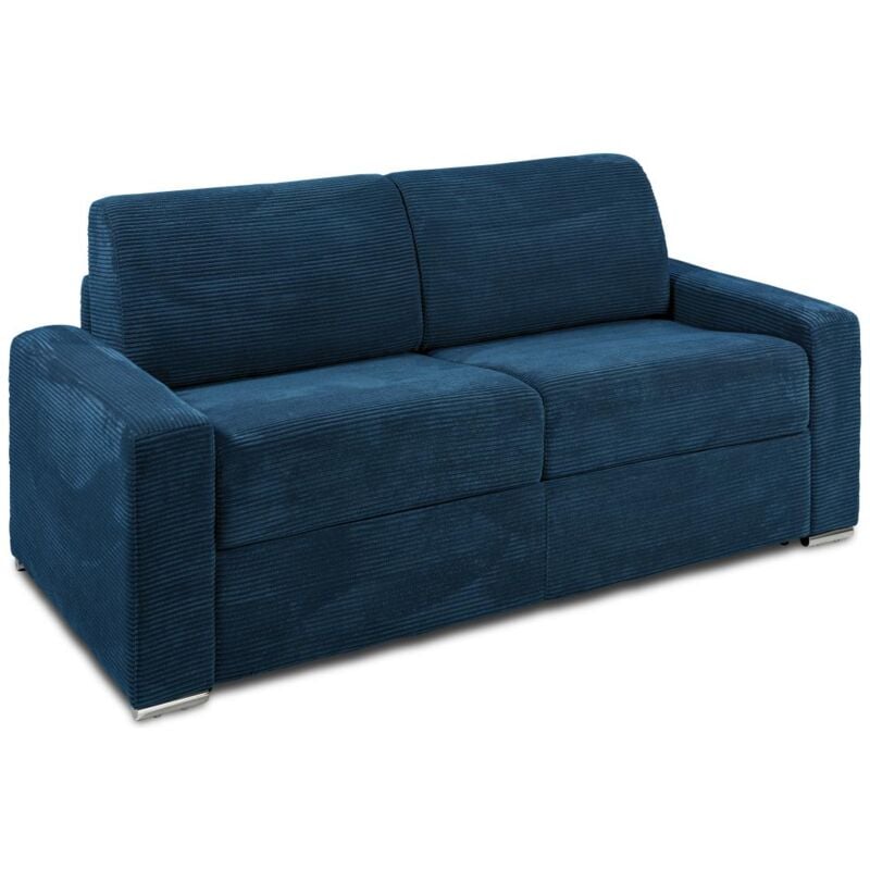 Vente-unique - Canapé 3 places convertible express en velours côtelé bleu - Couchage lattes larges 140 cm - Matelas 18 cm calito