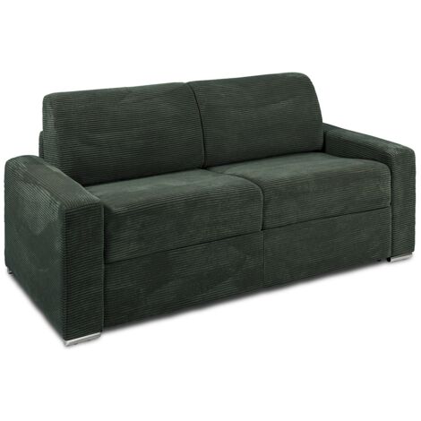 Canapé 3 places convertible express en velours côtelé vert - Couchage 140 cm - Matelas 14 cm - CALITO