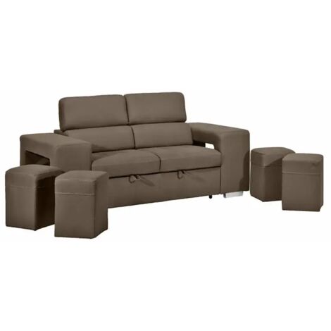 Canapé 3 places convertible tissu taupe et têtières réglables - VEGAS