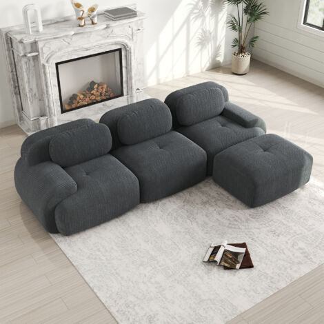 Canapé 3 places d’angle modulable sans montage assise 32D accoudoirs larges ergonomique velours côtelé gris
