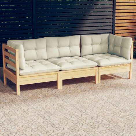 Canapé 3 places de jardin et coussins，Canapé d'extérieur，Banquette / Sofa / Divan de jardin crème Bois de pin solide MEMV219106