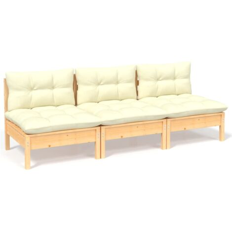 Canapé 3 places de jardin,Canapé d'extérieur,Sofa de jardin et coussins crème Bois de pin solide CFW124061