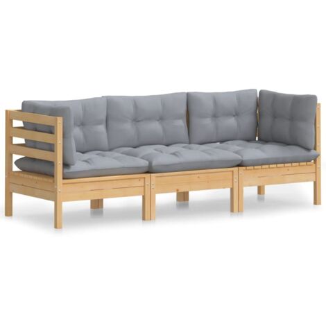 Canapé 3 places de jardin，Canapé d'extérieur，Sofa de jardin et coussins gris Bois de pin solide CFW804739