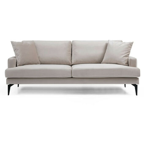 Canapé 3 places design tissu velouté beige et pieds métal noir Kombaz 205cm