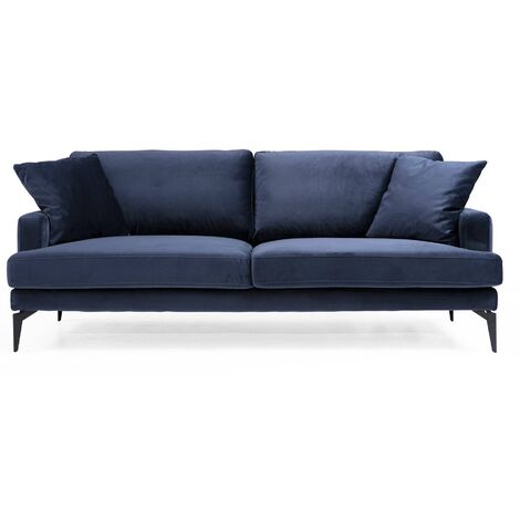Canapé 3 places design tissu velouté bleu marine et pieds métal noir Kombaz 205cm