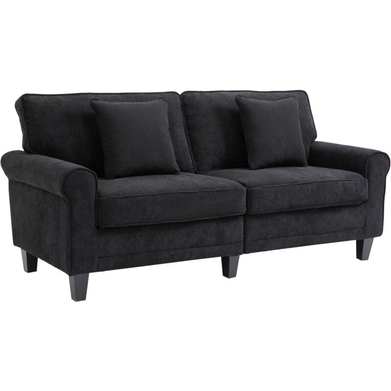 Homcom - Canapé 3 places dim. 197L x 84P x 90H cm coussin déco. inclus pieds bois massif pin tissu aspect velours côtelé noir