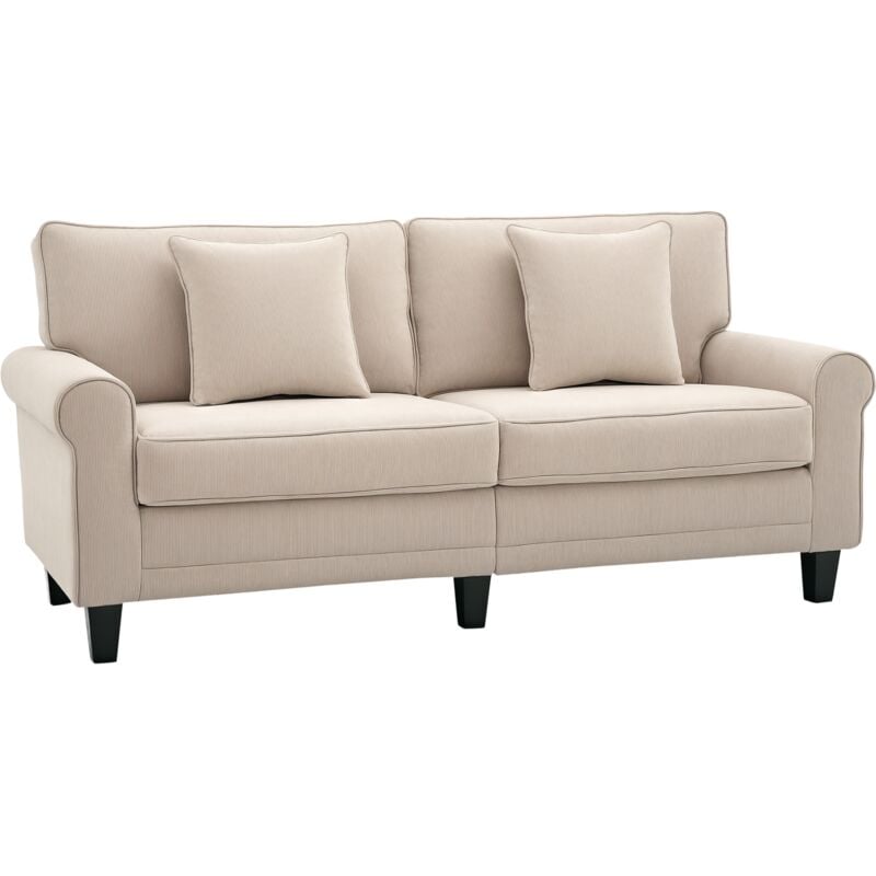 Homcom - Canapé 3 places dim. 197L x 84P x 90H cm coussin déco. inclus pieds bois massif pin tissu aspect velours côtelé beige