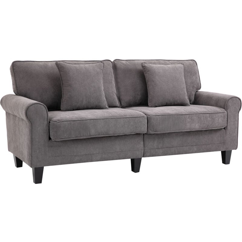 Homcom - Canapé 3 places dim. 197L x 84P x 90H cm coussin déco. inclus pieds bois massif pin tissu aspect velours côtelé gris