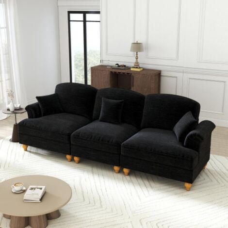 Canapé 3 places élégant style médiéval-moderne, accoudoirs évasés, volant amovible, pieds bois, tissu chenille