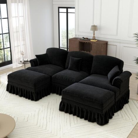 Canapé 3 places élégant style médiéval-moderne, accoudoirs évasés, volant amovible, pieds bois, tissu chenille