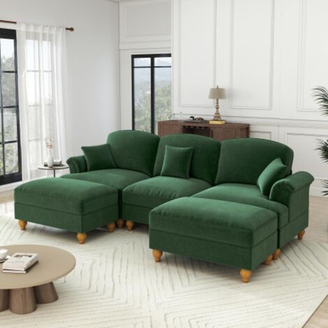 Canapé 3 places élégant style médiéval-moderne, accoudoirs évasés, volant amovible, pieds bois, tissu chenille