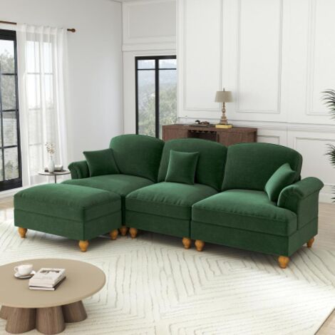 Canapé 3 places élégant style médiéval-moderne, accoudoirs évasés, volant amovible, pieds bois, tissu chenille