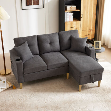 Canapé 3 places en Coton et lin, L, avec rangement, porte-gobelet intégré et 2 coussins, Idéal pour les salons ou bureaux, Gris foncé