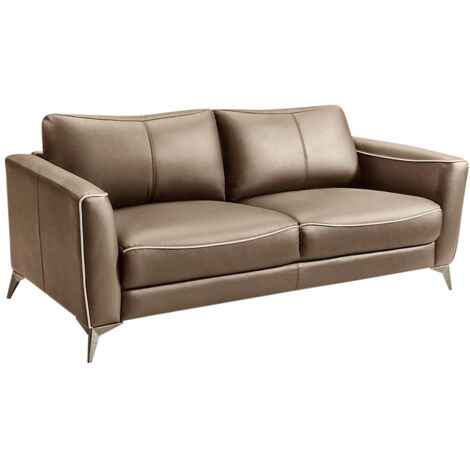 Canapé 3 places en cuir marron et passepoil beige BATUCO