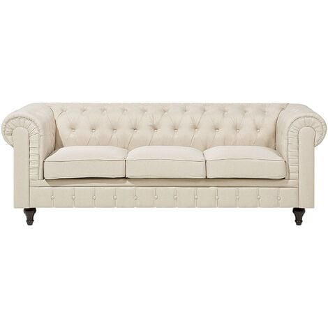 Canapé 3 Places en Tissu Beige Assise Rembourrée Large Dossier Points Chesterfield